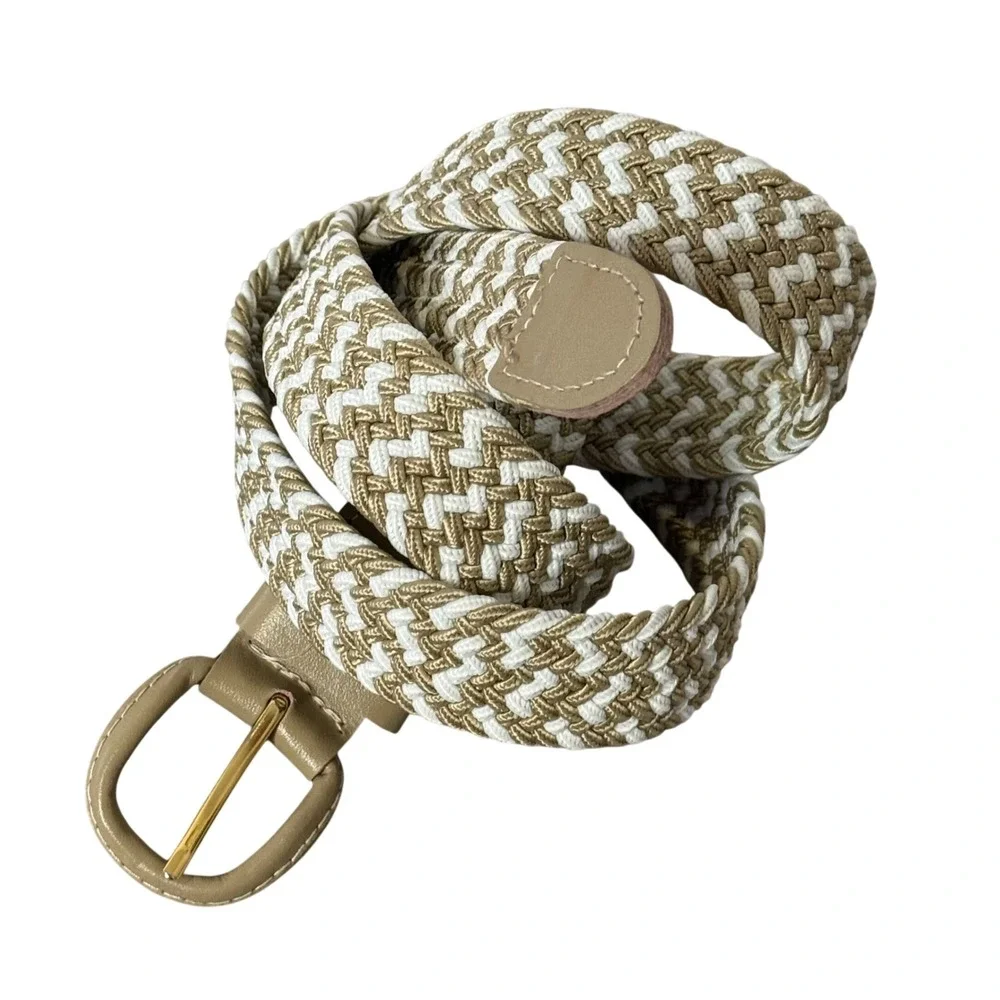 Braided Woven Belt Unisex Adult Size L XL Tan White Chevron Gold Buckle Nautical